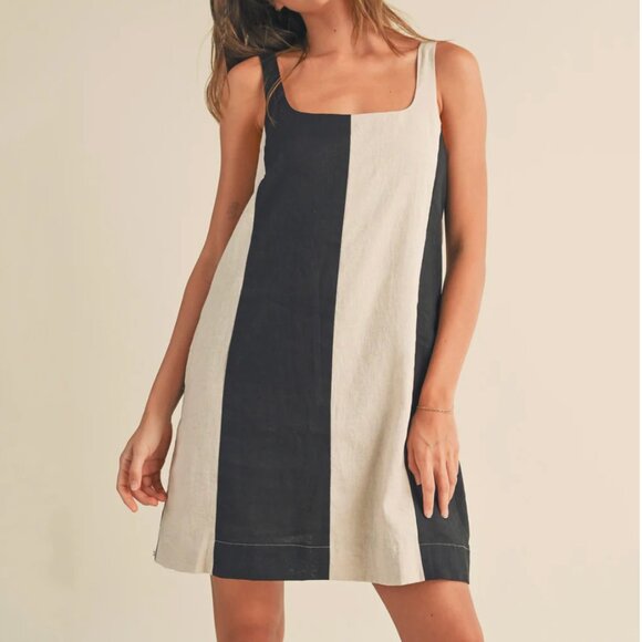 MIOU MUSE | Black  and Cream Color Block Dress | Lined Linen - Picture 1 of 12